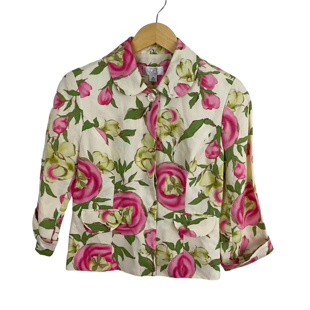 Ann Taylor Floral Jacket Size 4P Petite Linen Rayon Pink Green Summer NWT